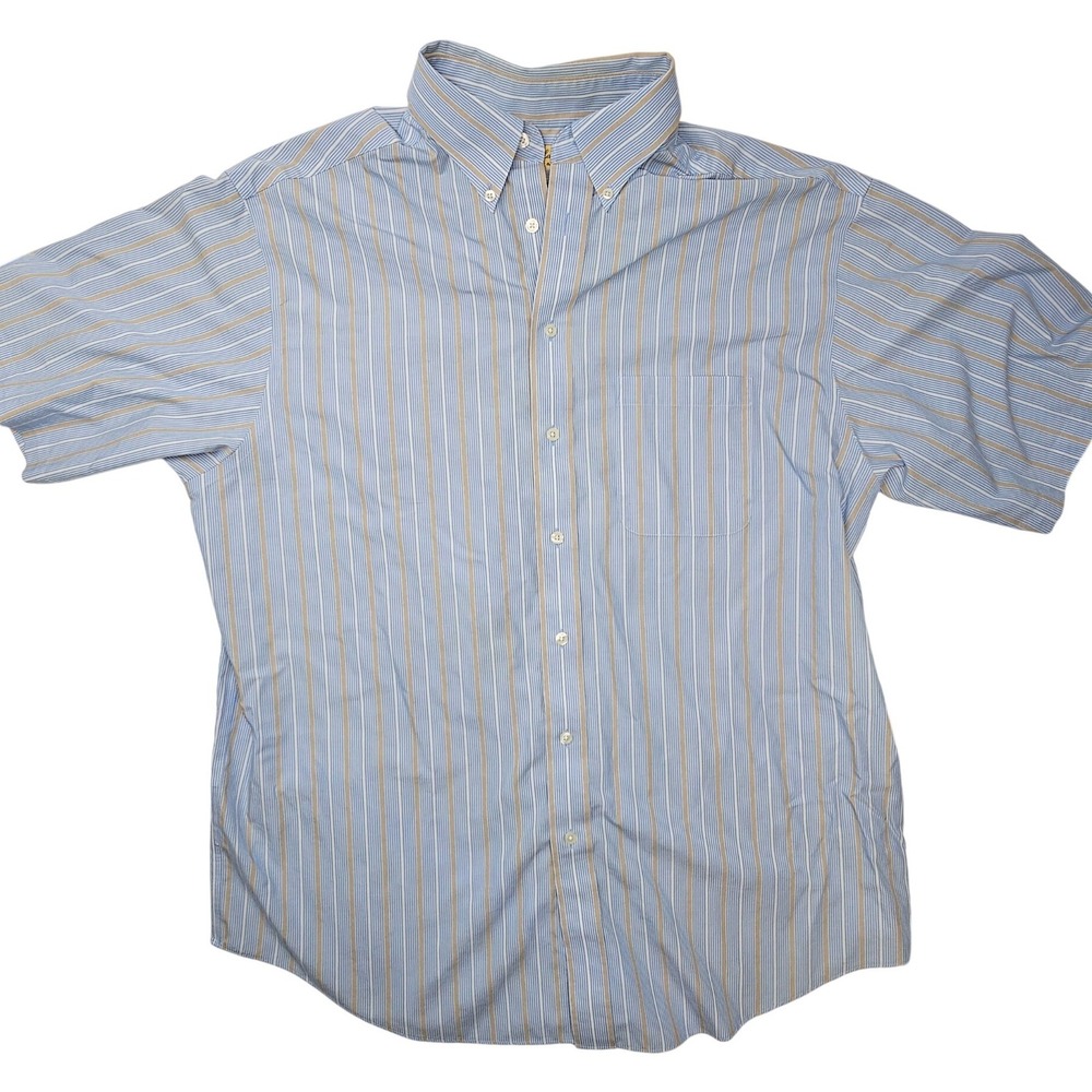 Roundtree & Yorke Gold Label Mens XLT Blue Tan Striped Non-Iron S/S Shirt